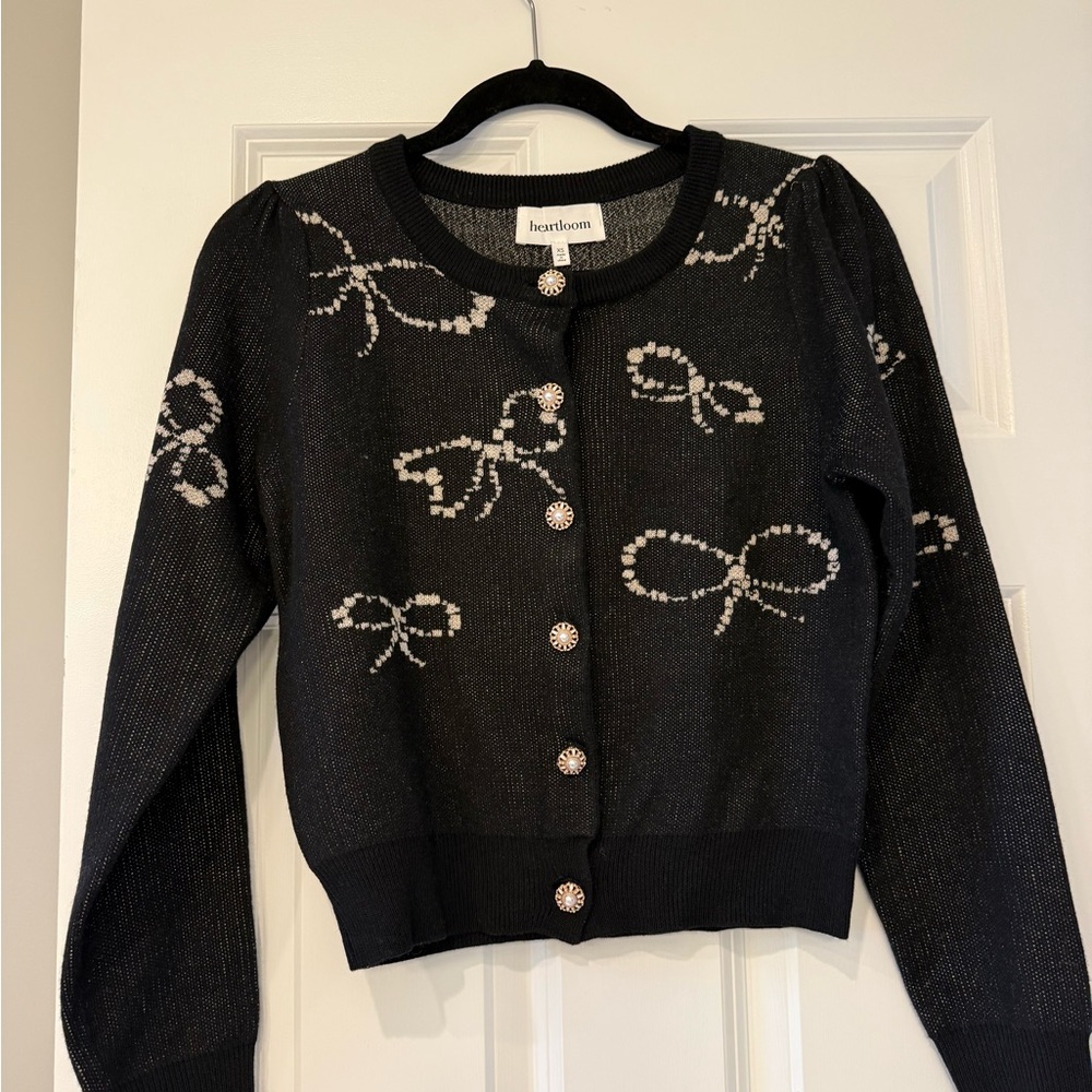 Heartloom Black Cardigan with Cream Bow Accents